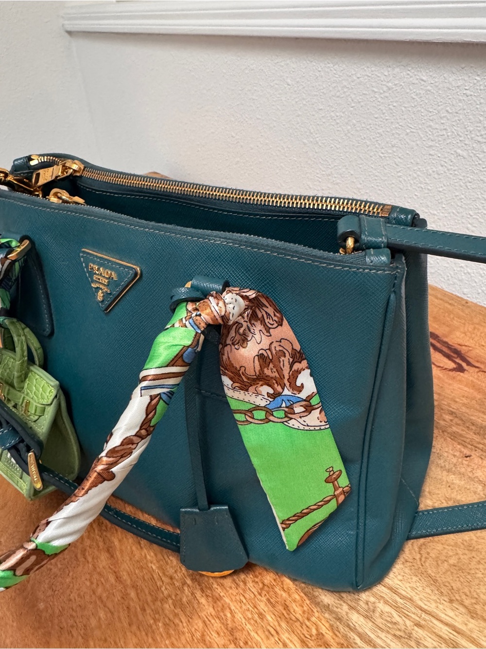 Prada Teal Saffiano Leather Satchel pm with Green Charm and Scarf-Wrapped Handle - Picture 8 of 9